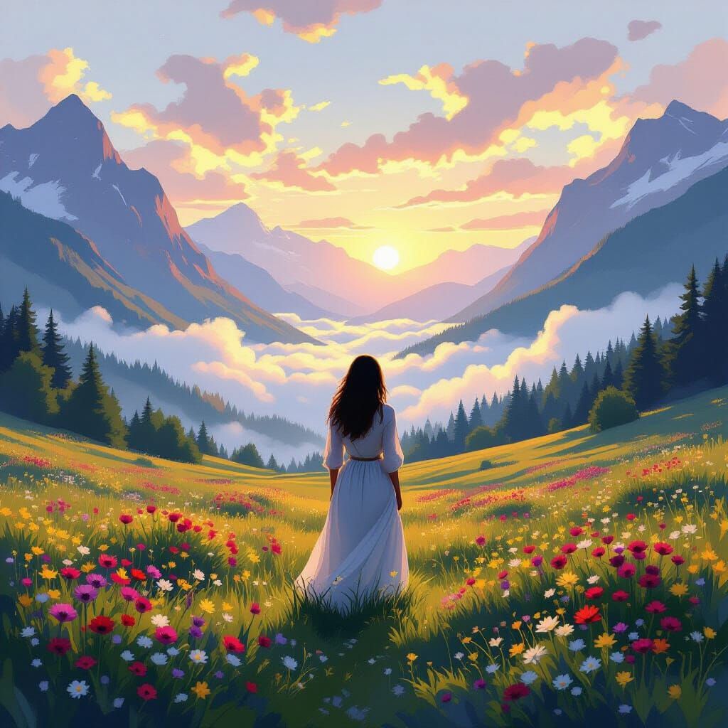 Woman in Mountain Valley Landscape Painting