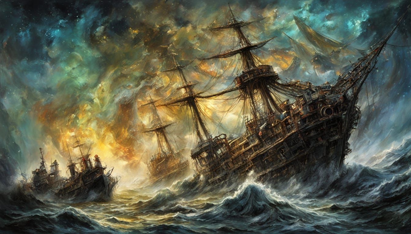 Surreal Space Galleon Emerges from Nebula Storm in a Dramati...