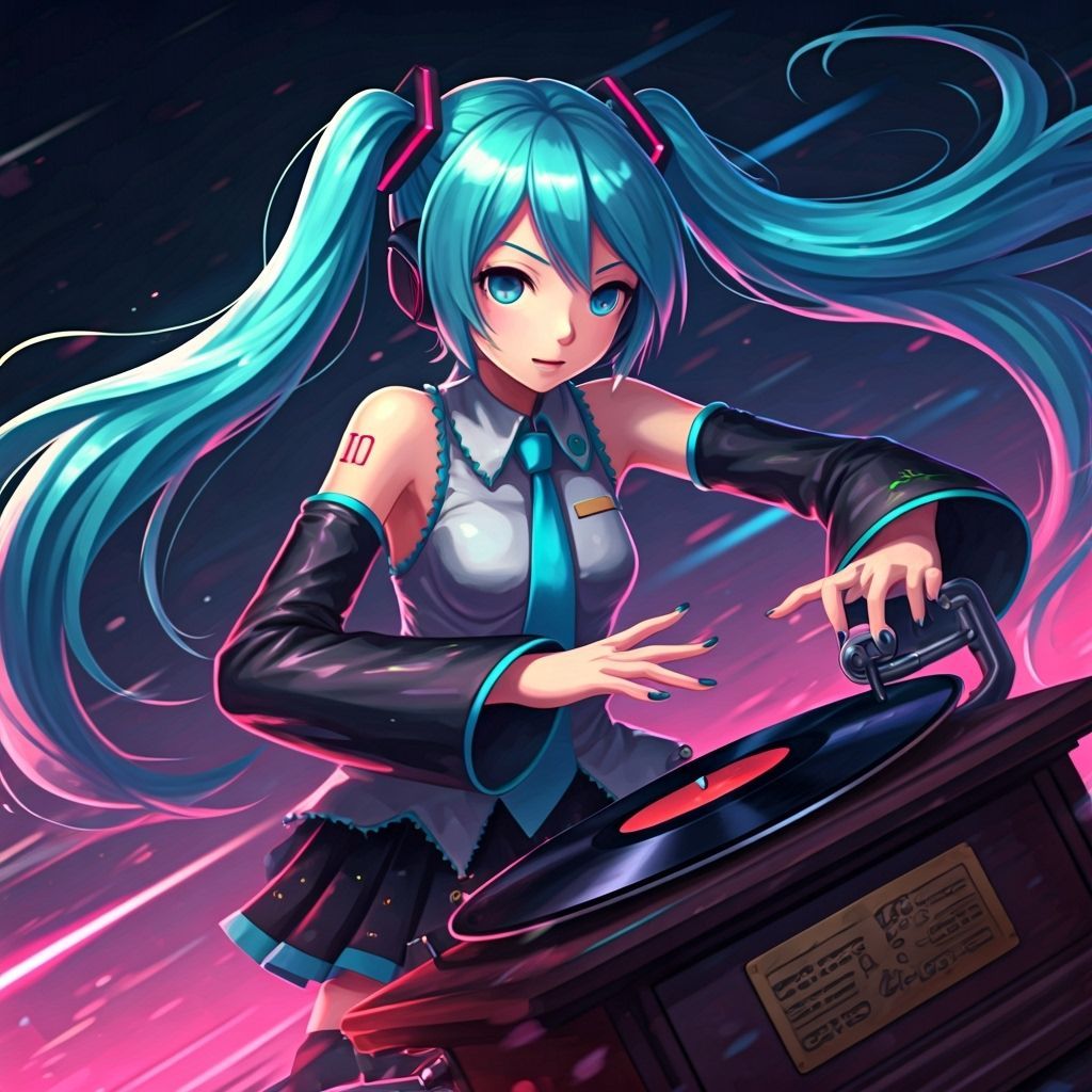 Hatsune Miku DJs Vintage Gramophone in Neon Light