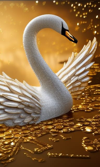 Photorealistic Platinum Swan with Gold and Diamond Sparks