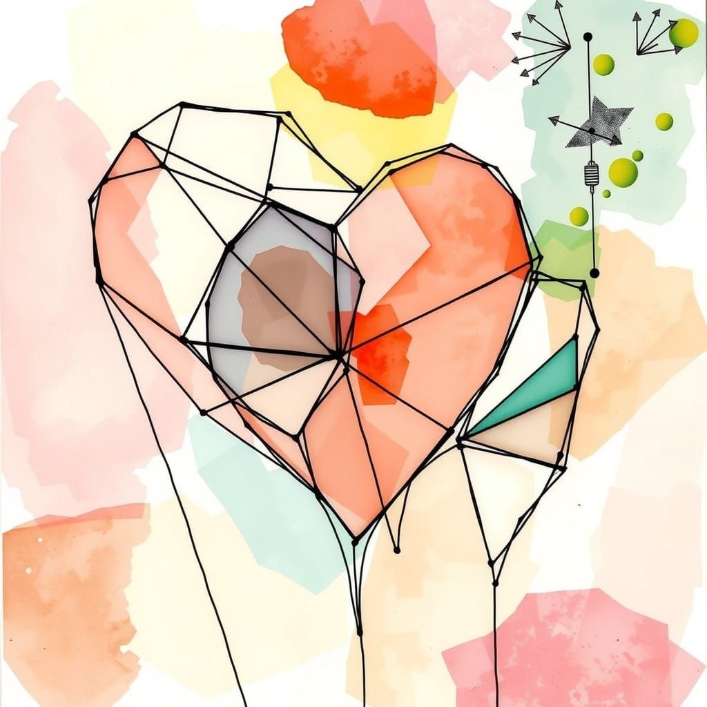 Whimsical Abstract Cubist Hearts in Pastel Watercolor