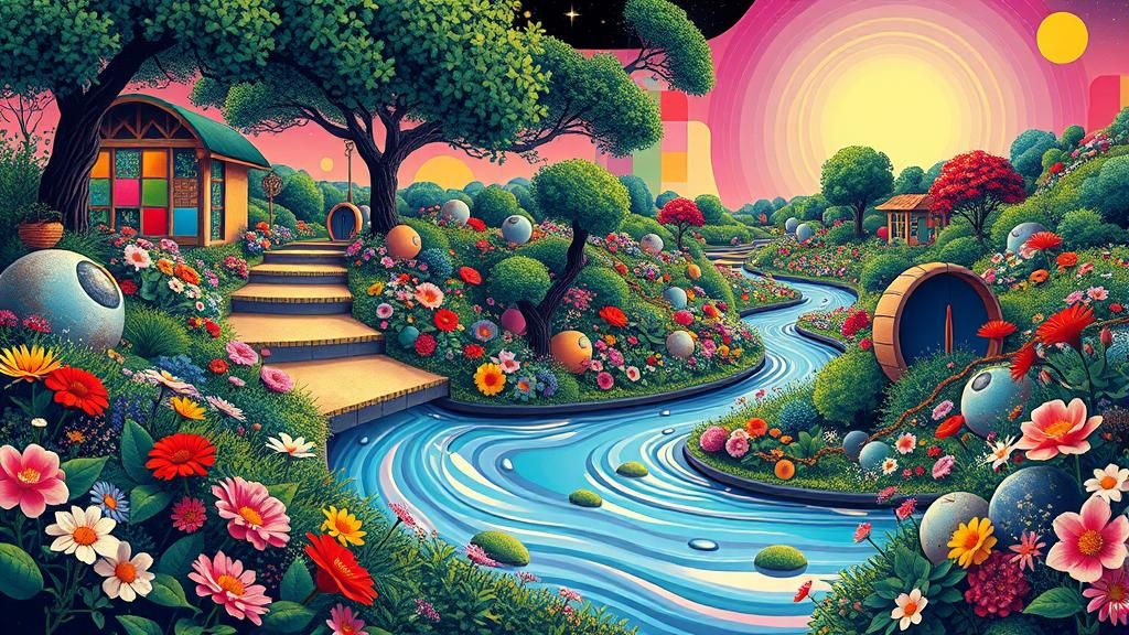 Surreal Garden with Geometric Elements in Op Art Style