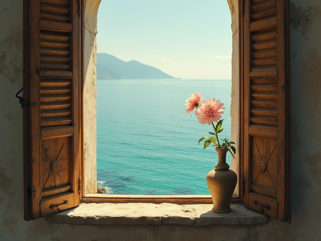 Serene Italian Window Scene with Carnation