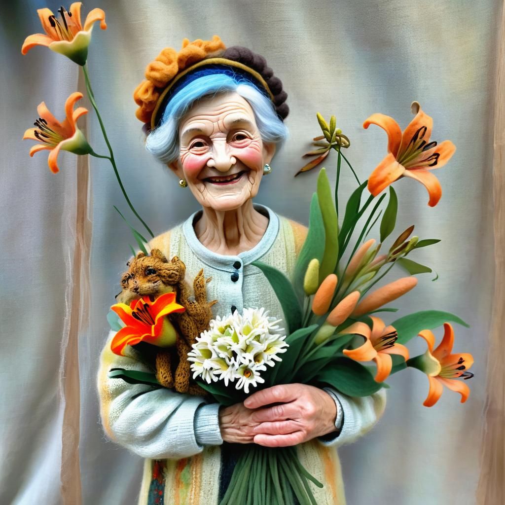 Smiling Woman with Tiger Lilies in Felted Style