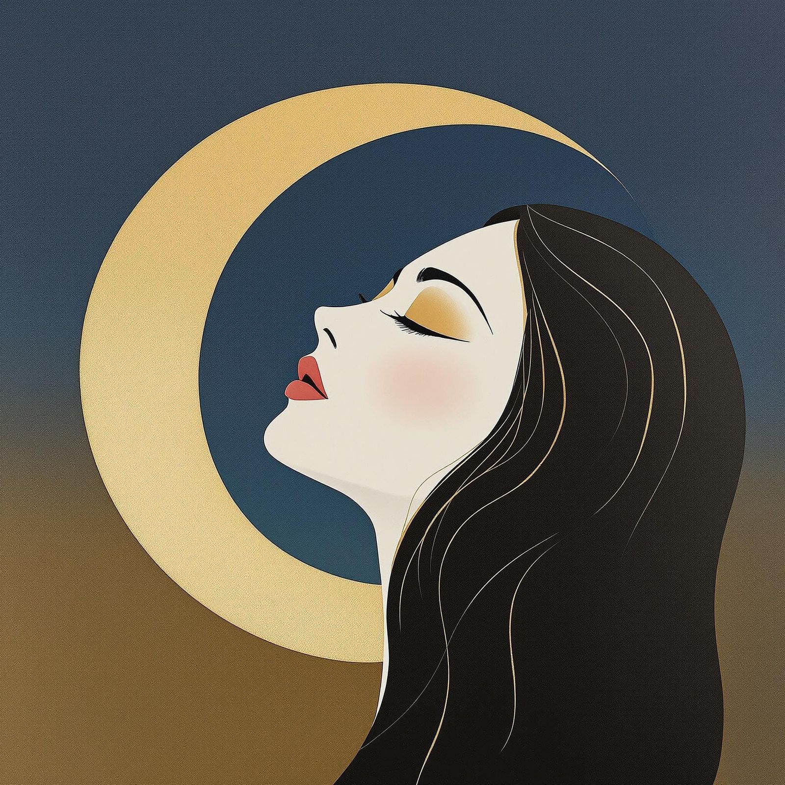 Mysterious Woman in Moonlit Contemplation, Minimalist Style