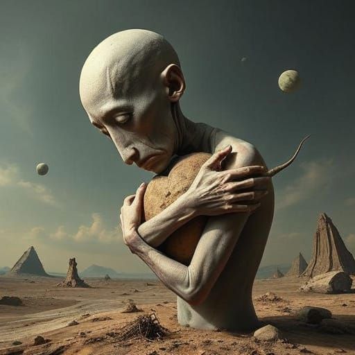 Surreal Figure Embracing Unknown Object in Fractured Landsca...