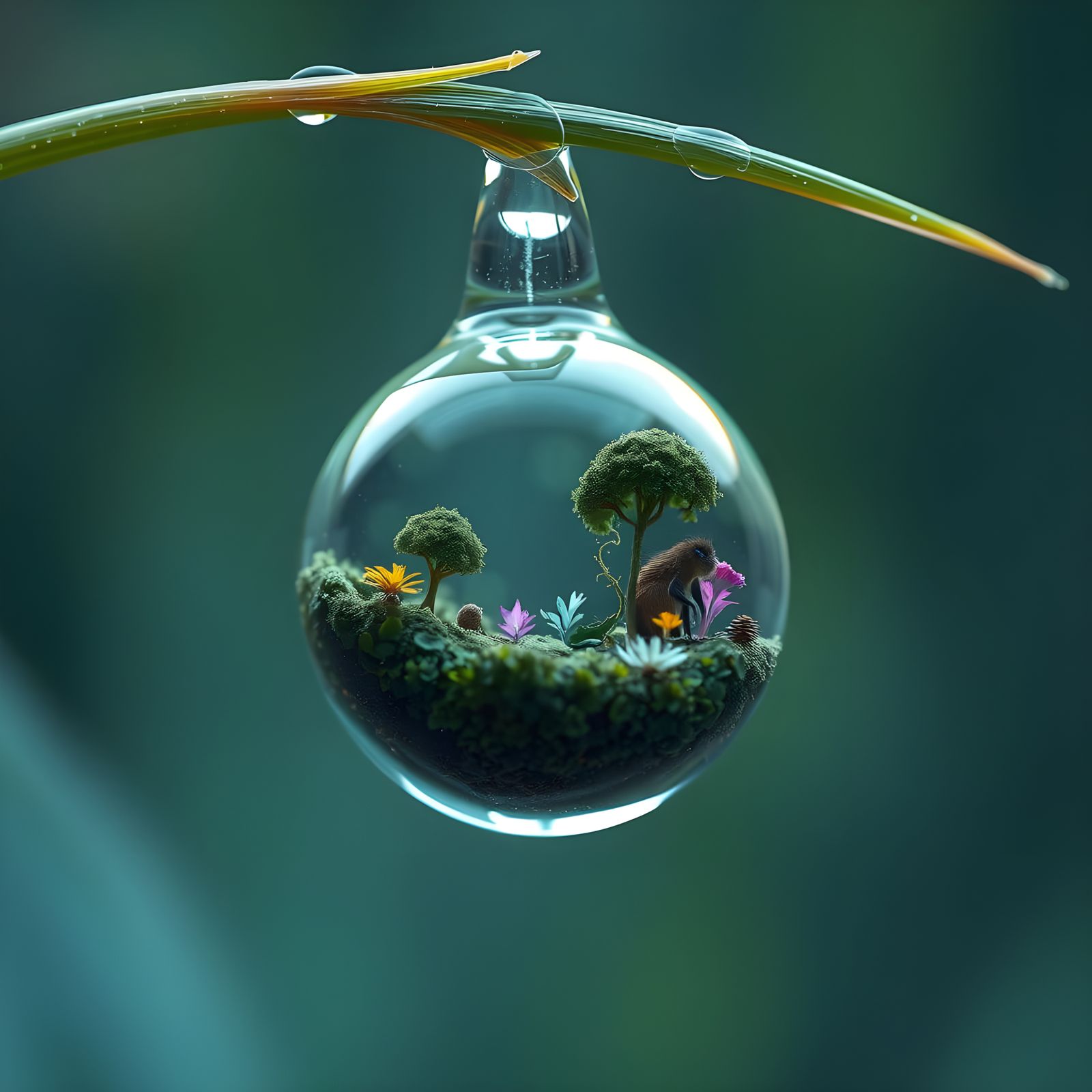 Surreal Miniature World Inside a Dewdrop