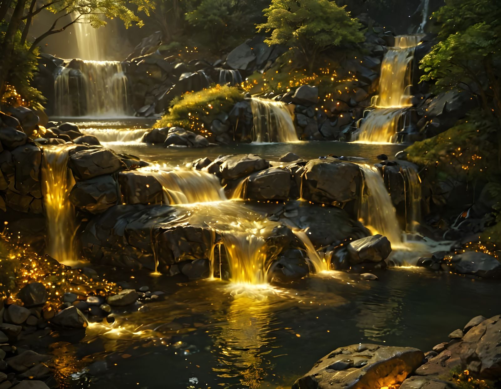 Majestic Golden Waterfall in Vibrant Fantasy Realm