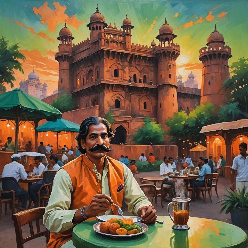 Vibrant Maharaja in Whimsical Indian Fort Scene