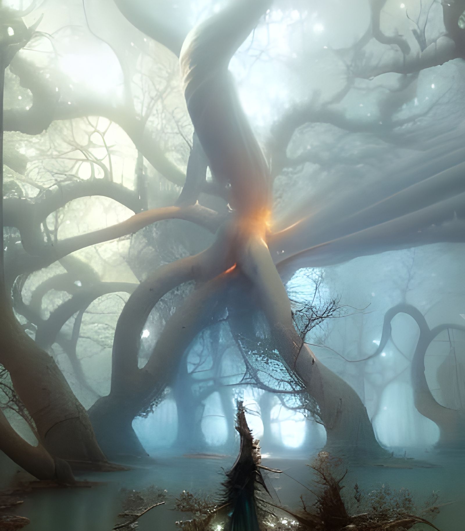 Magical Fractal Forest at Night: Surreal Hyperreal Painting