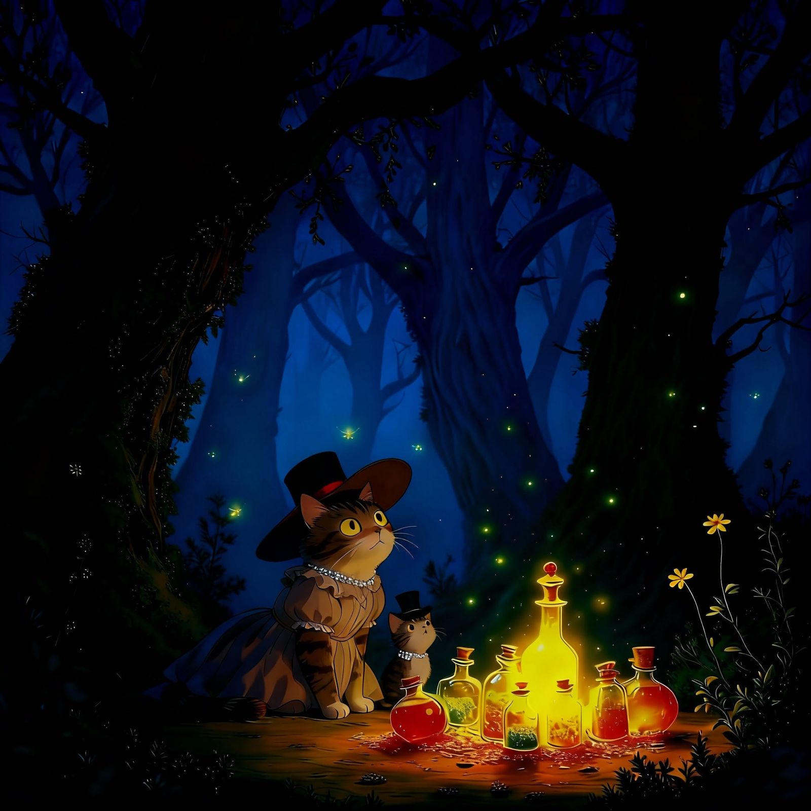 Mischievous Raven Sorts Glowing Potions in Enchanted Forest