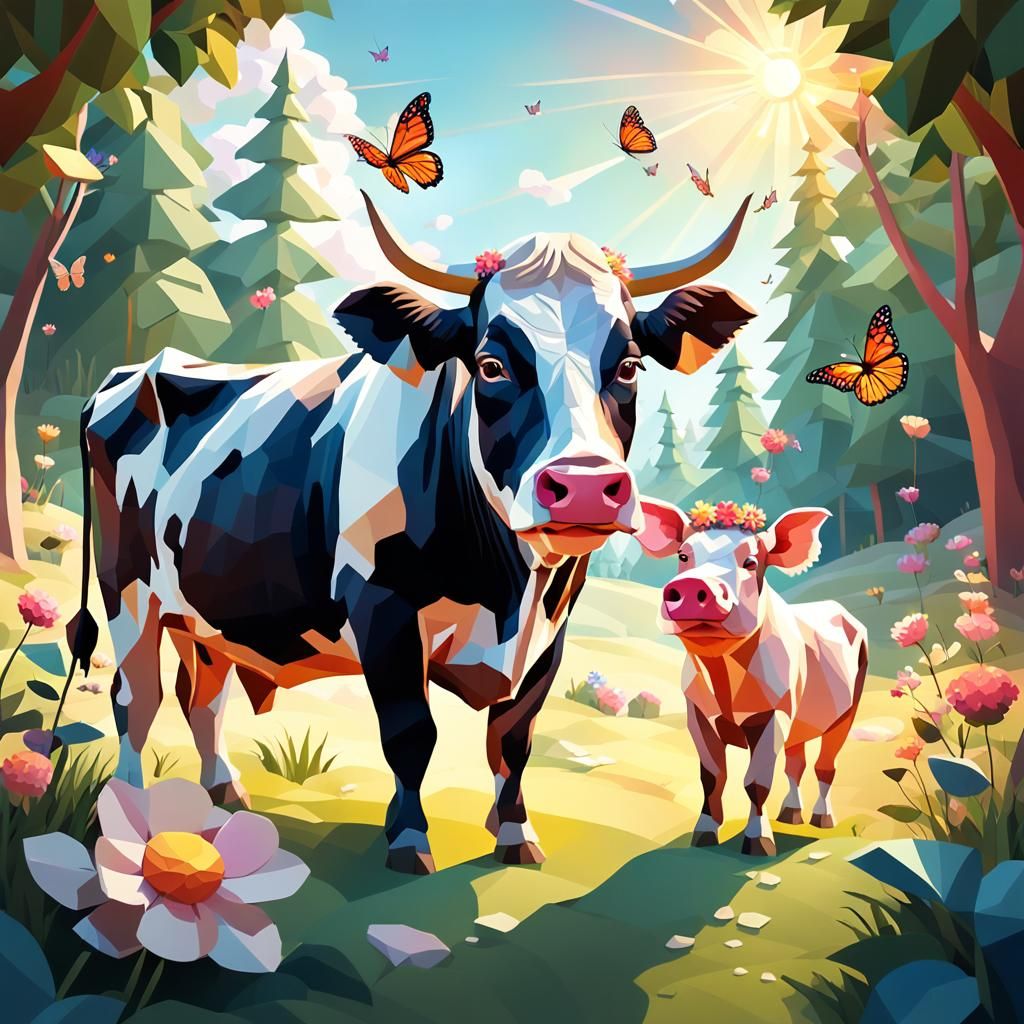 Low-Poly Cow and Pig Play in Sunny Field