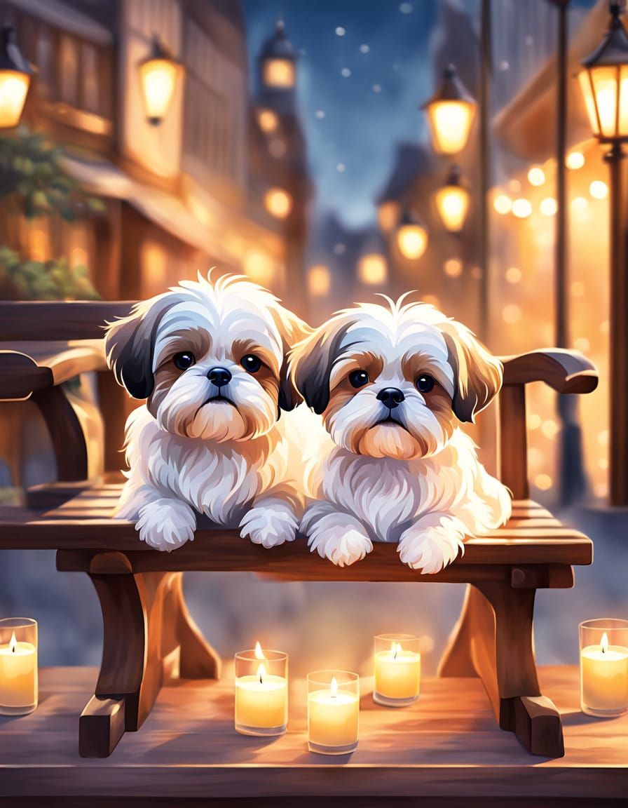 Shih Tzu Cartoon Dogs on Bench with Candles