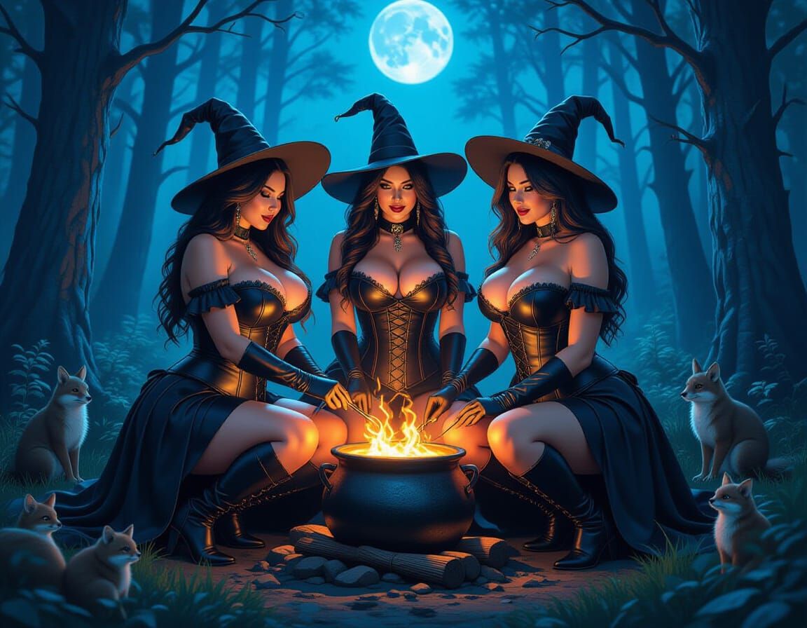 Plus Size Witches Perform Magic in Moonlit Forest
