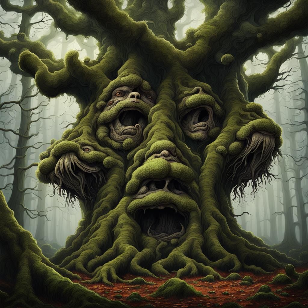 Creepy Faces Emerge from Gloomy Forest Trees