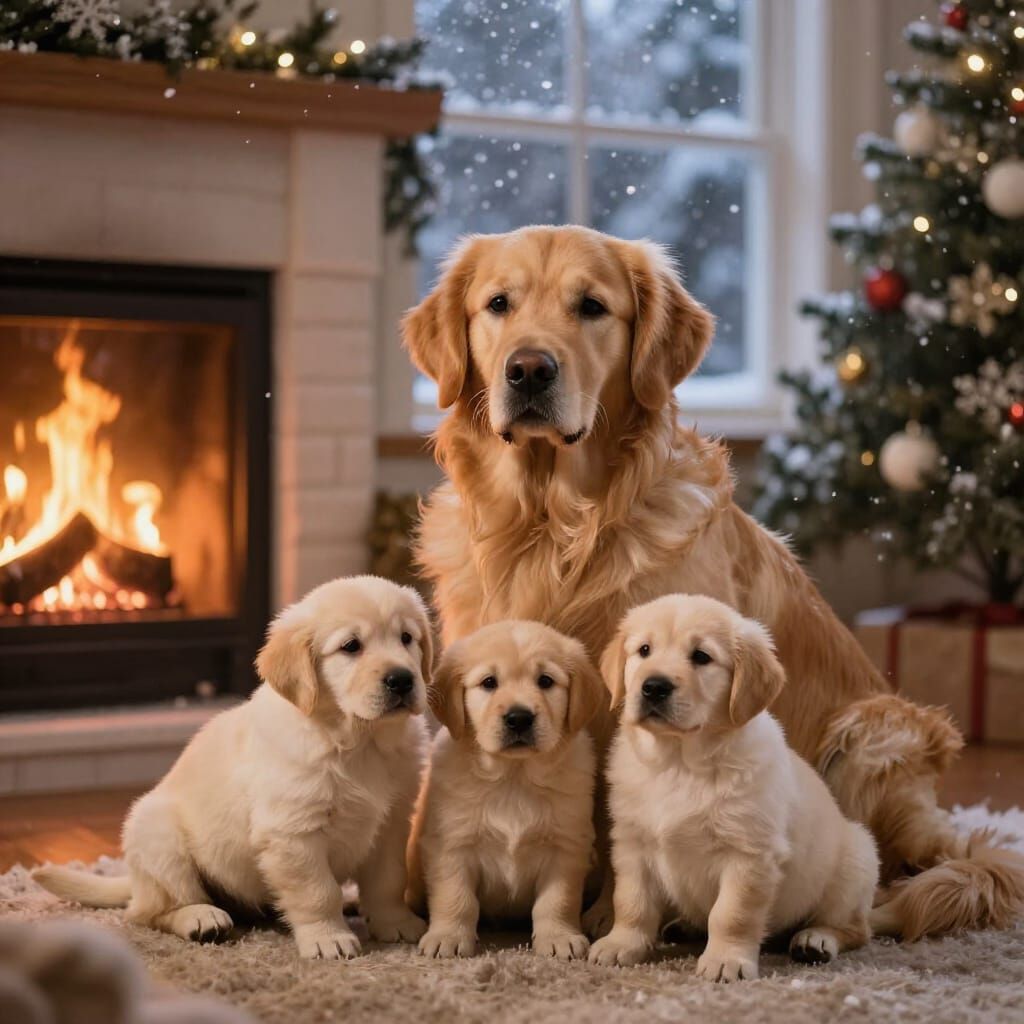 Golden Retriever Family by Fireplace at Christmas