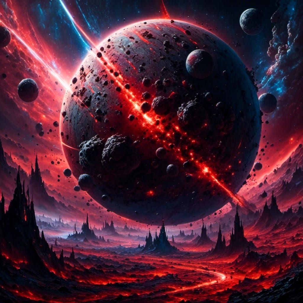 Cybernetic Planet Core in Stormy Asteroid Field