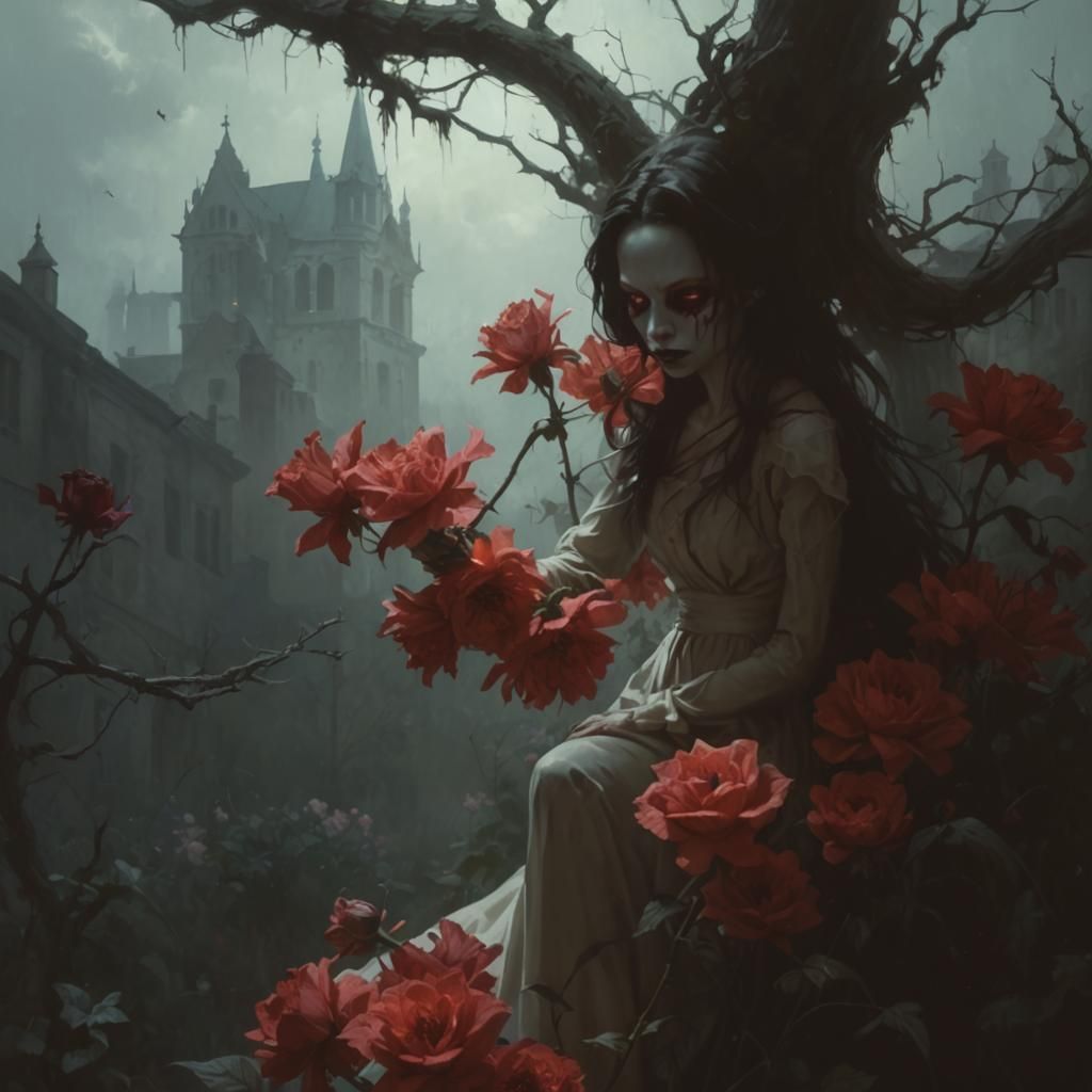 Sinister Pale Woman Among Flowers Art