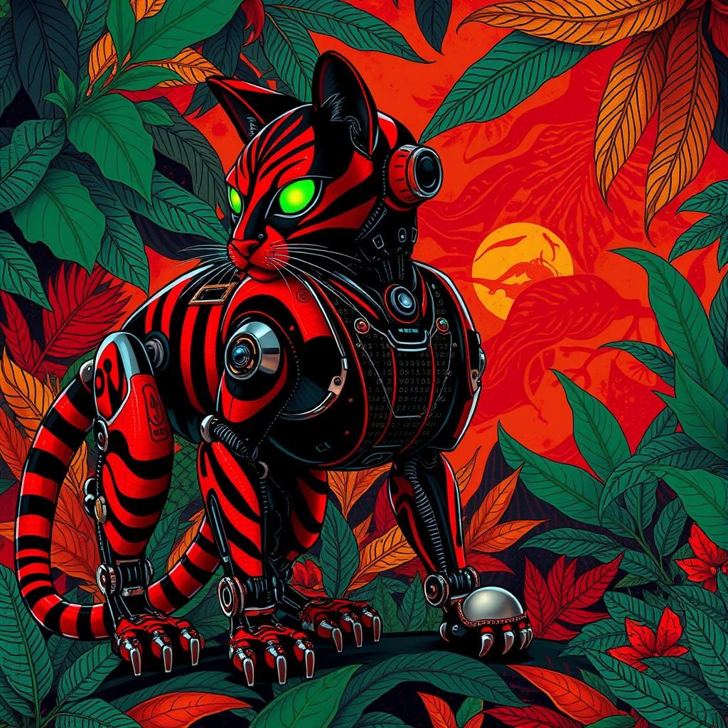 Cyberpunk Robot Cat in Jungle Setting