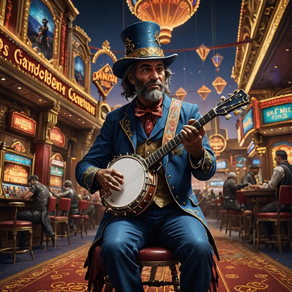 Gambler Plays Banjo in Las Vegas: Detailed Matte Painting