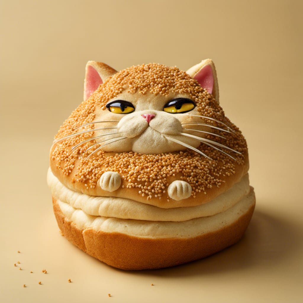 A loaf of sesame seed covered bread with cat legs and tail and cat's head