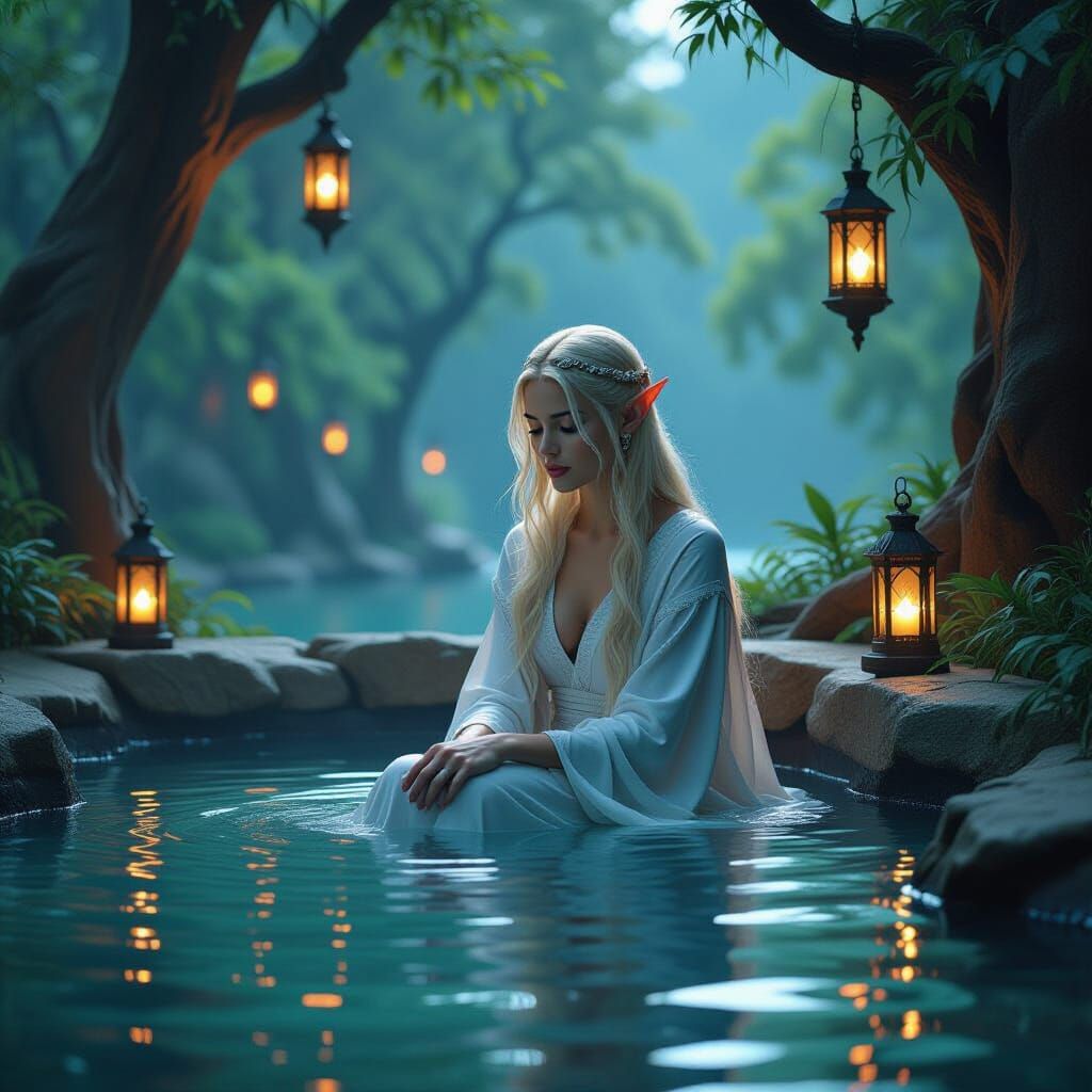 Serene Elven Sanctuary with Elf in Forest Pool