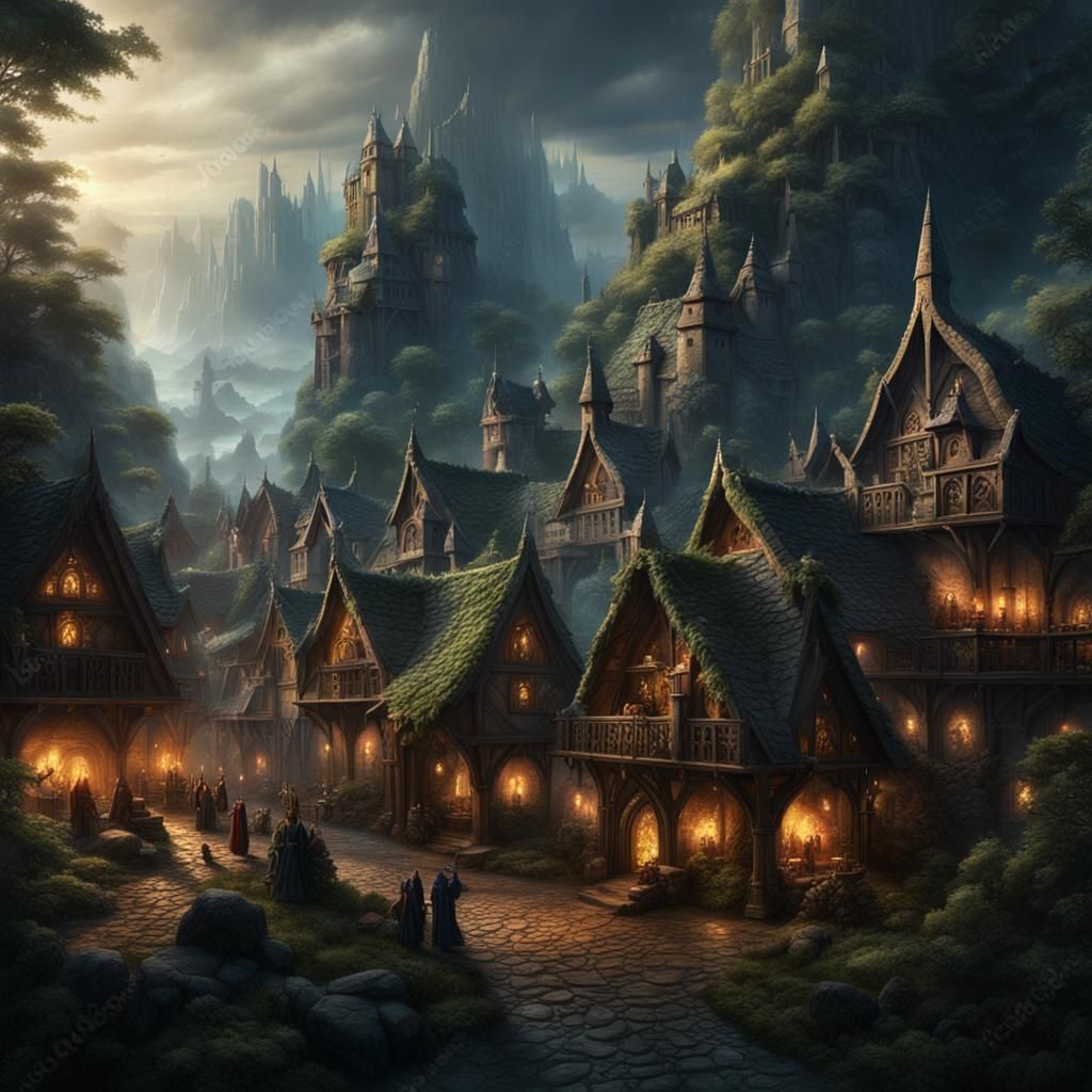 Dark Fantasy Village with Dwarves, Elves and Devils