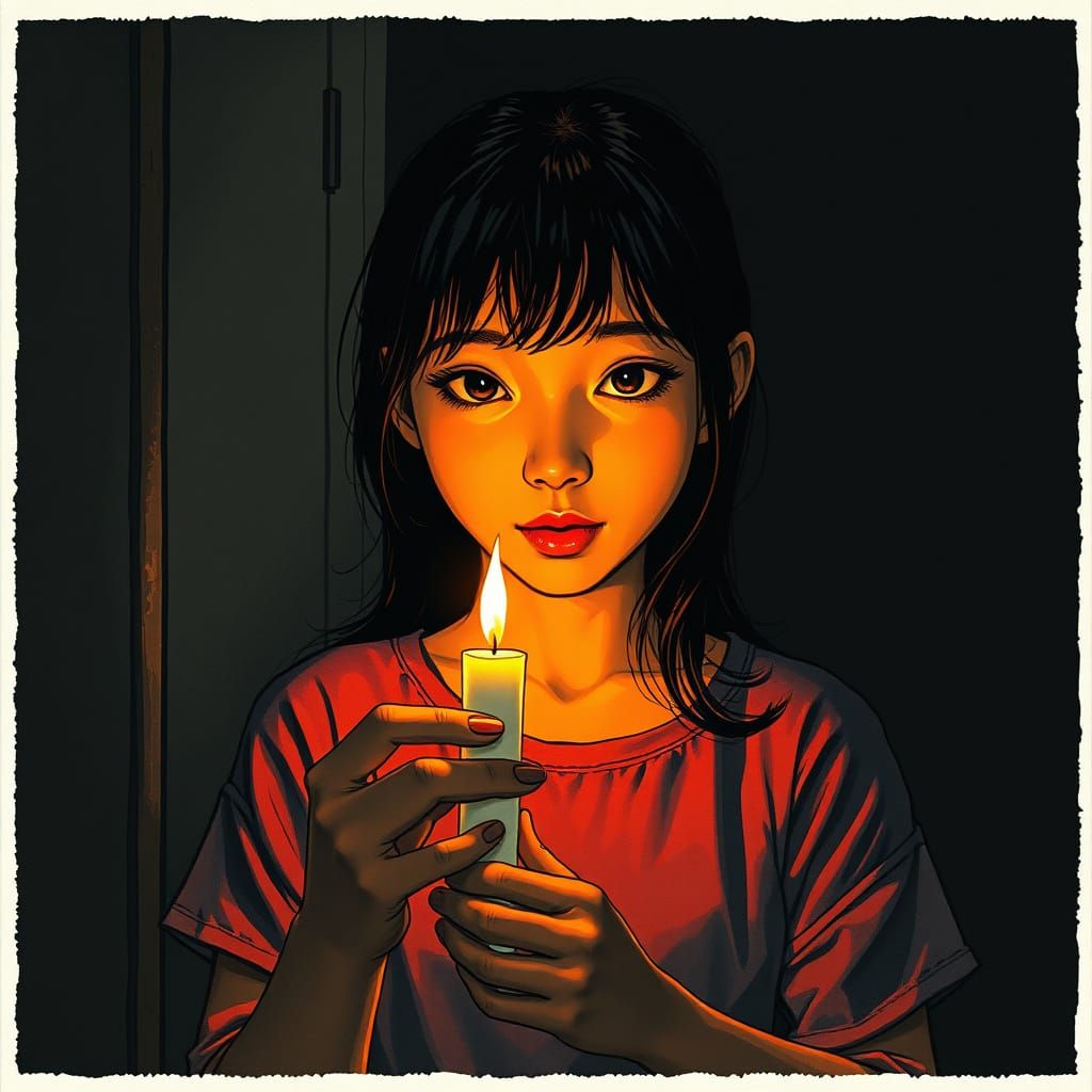Asian Girl Illuminated by Candlelight in a Dark Room