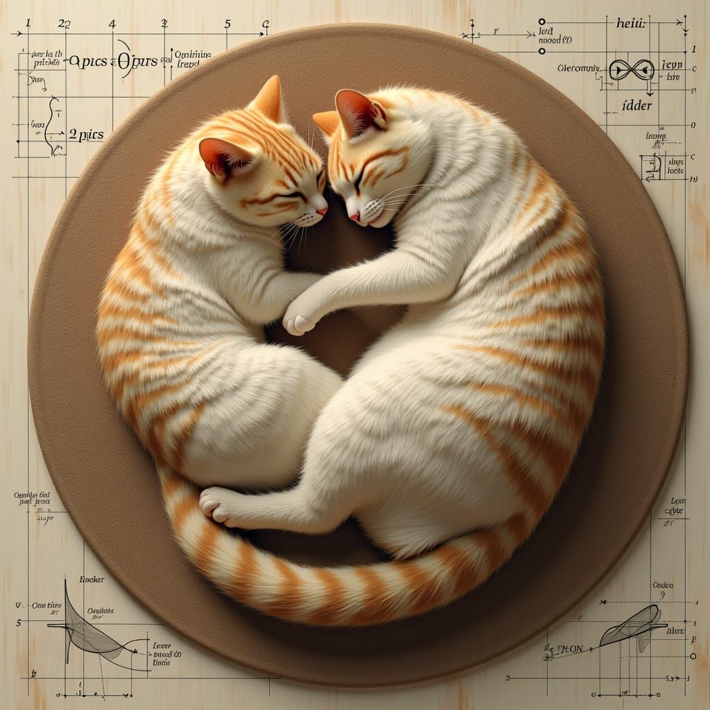 Cat in Shrimp Position with Escher-Style Annotations