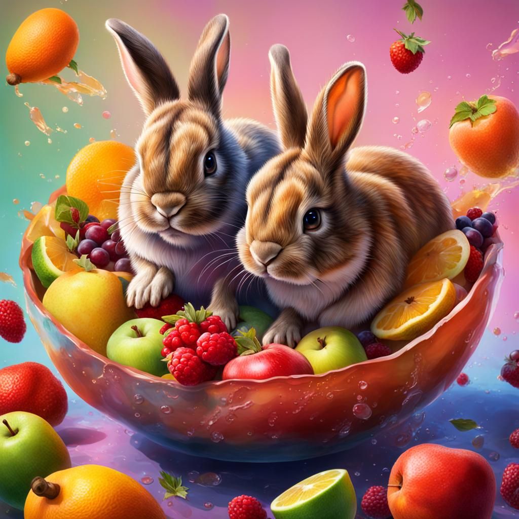 Hyperrealistic Bunnies Playing in Fruit Bowl