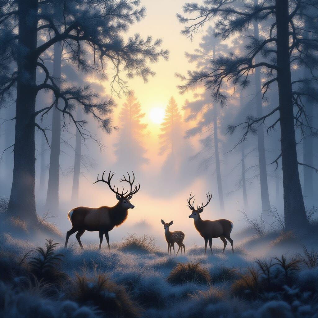 Misty Forest Dawn with Stag Family