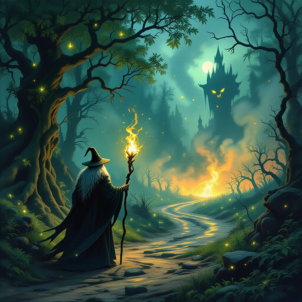 Fantasy Wizard at Crossroads: Enchanted Forest vs Wasteland