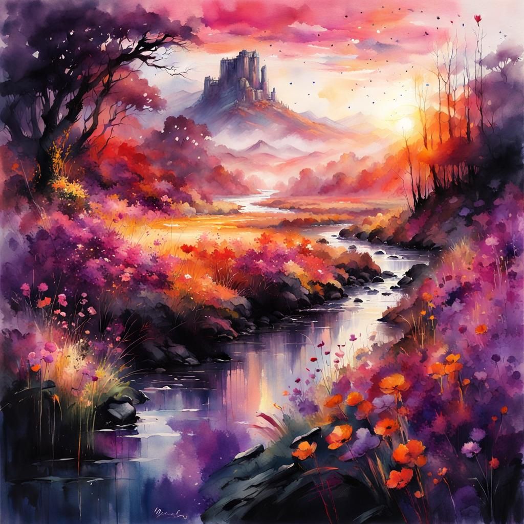 Watercolor Sunrise Over Lush Summer Valley