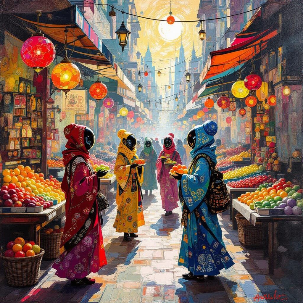 Bustling Intergalactic Bazaar with Bioluminescent Produce