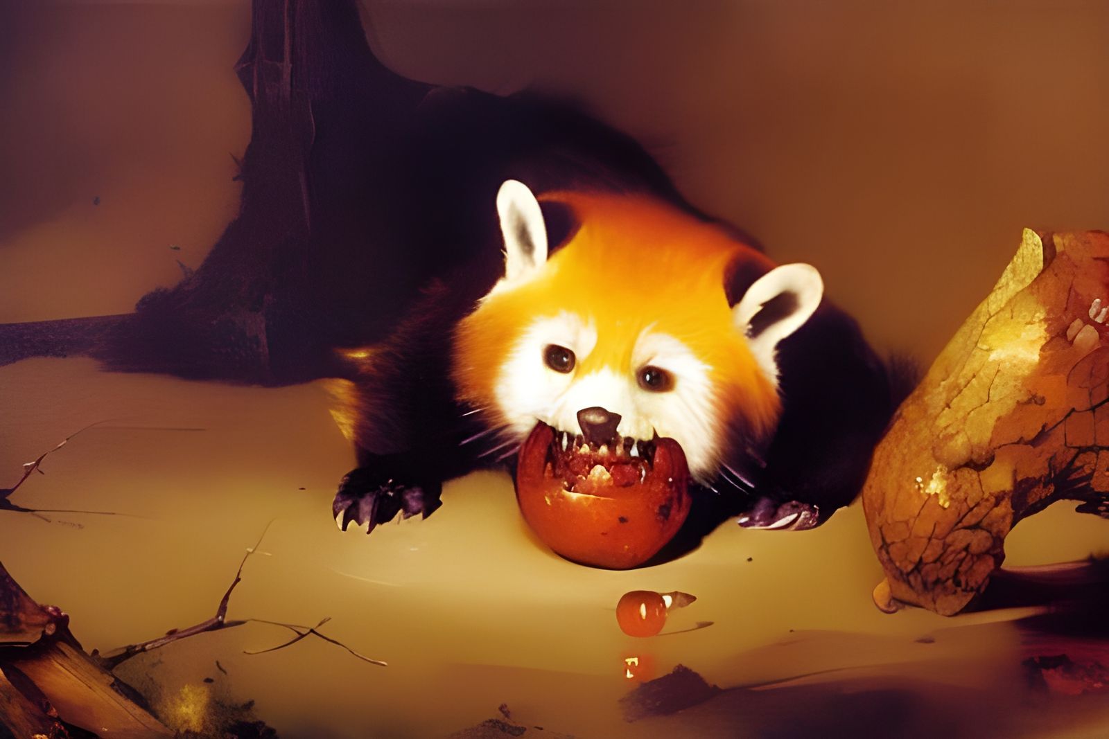 Angry Red Panda Devouring Apples: Dark Fantasy Art