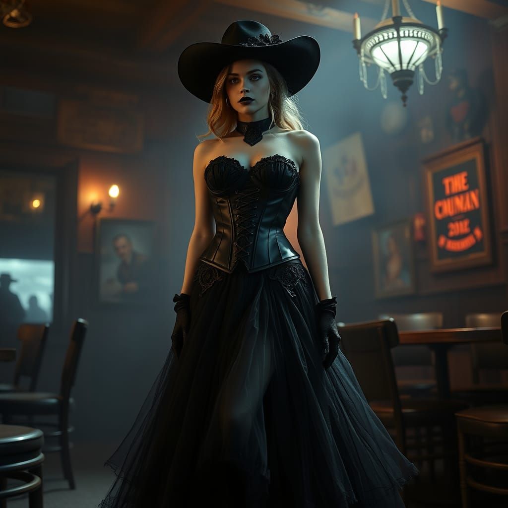 Western Goth Showgirl in Dimly Lit Saloon