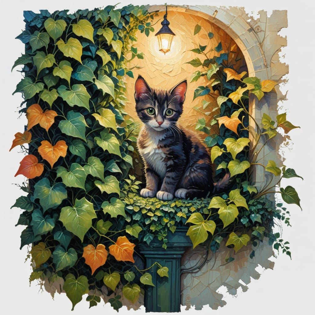 Moonlit Urban Oasis with Curious Kitten