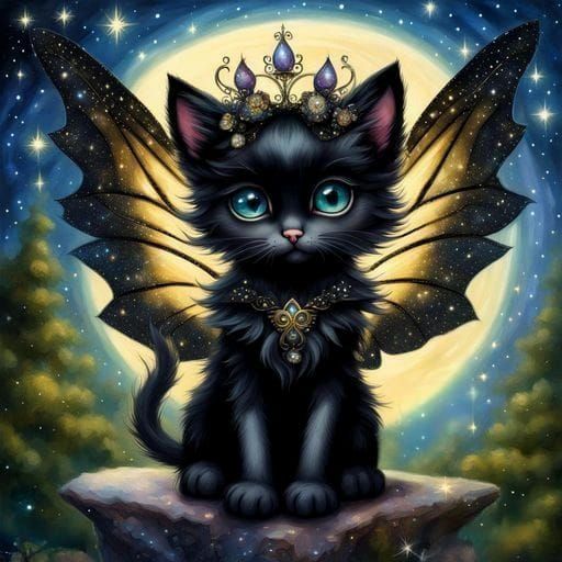 Cute Black Kitten Fairy Princess in Starry Sky
