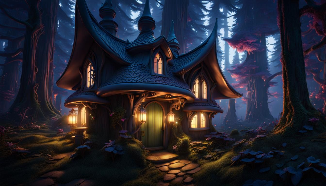 Enchanted Fairy Cottage in Dark Fantasy Forest