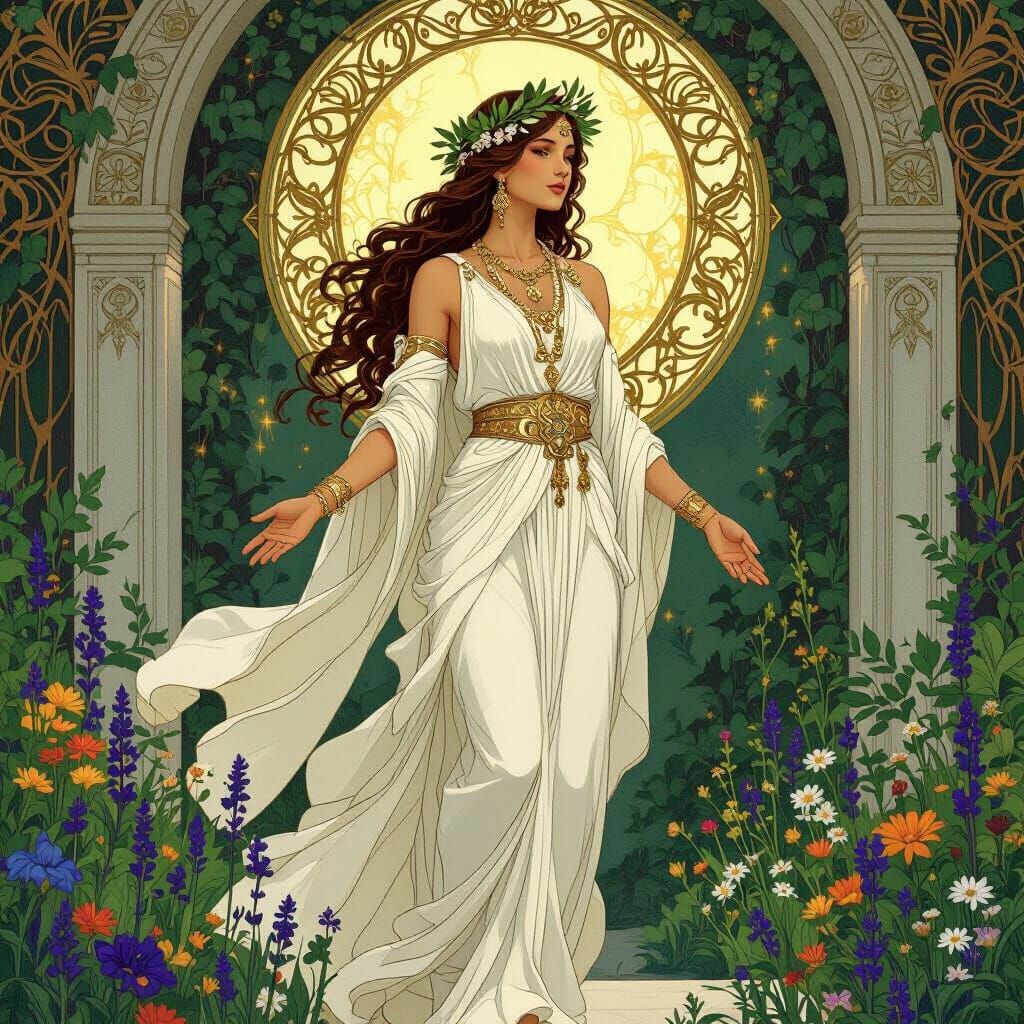 Goddess Returns to Ancient Temple in Art Nouveau Style