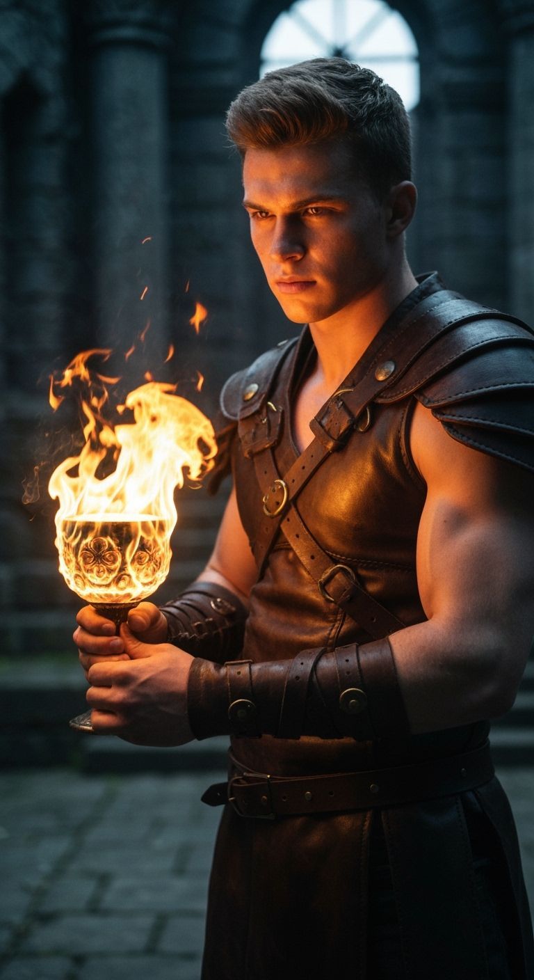 Muscular Warrior Holding Fiery Goblet in Ancient Ruins