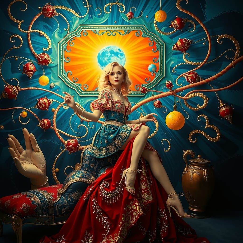 Elegant Woman in Lavish Surrealist Environment