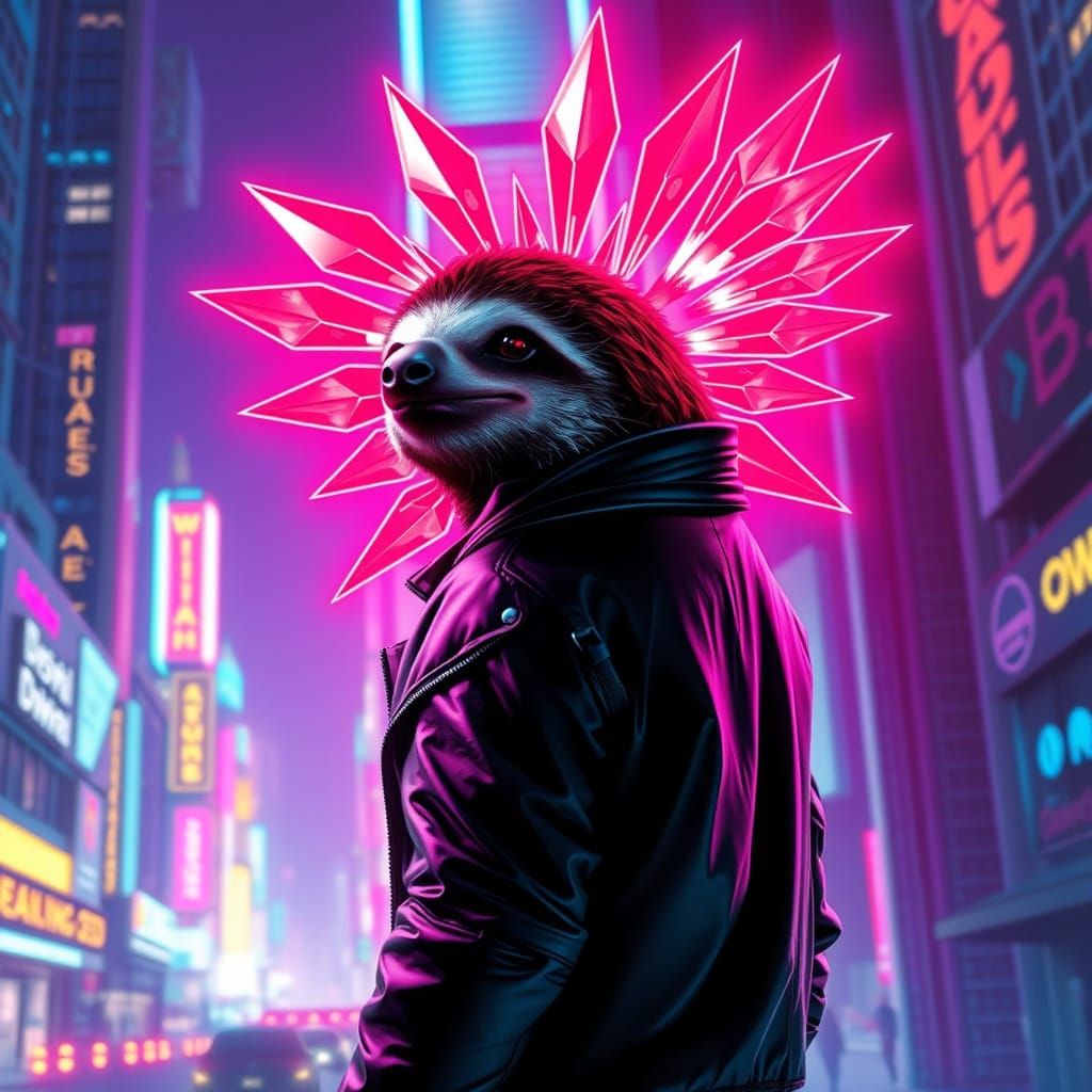 Sloth with Neon Wings in Synthwave Style