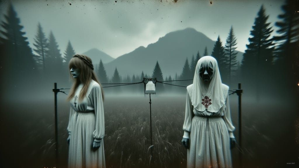 Golden String Connects Three Women in Misty Landscape