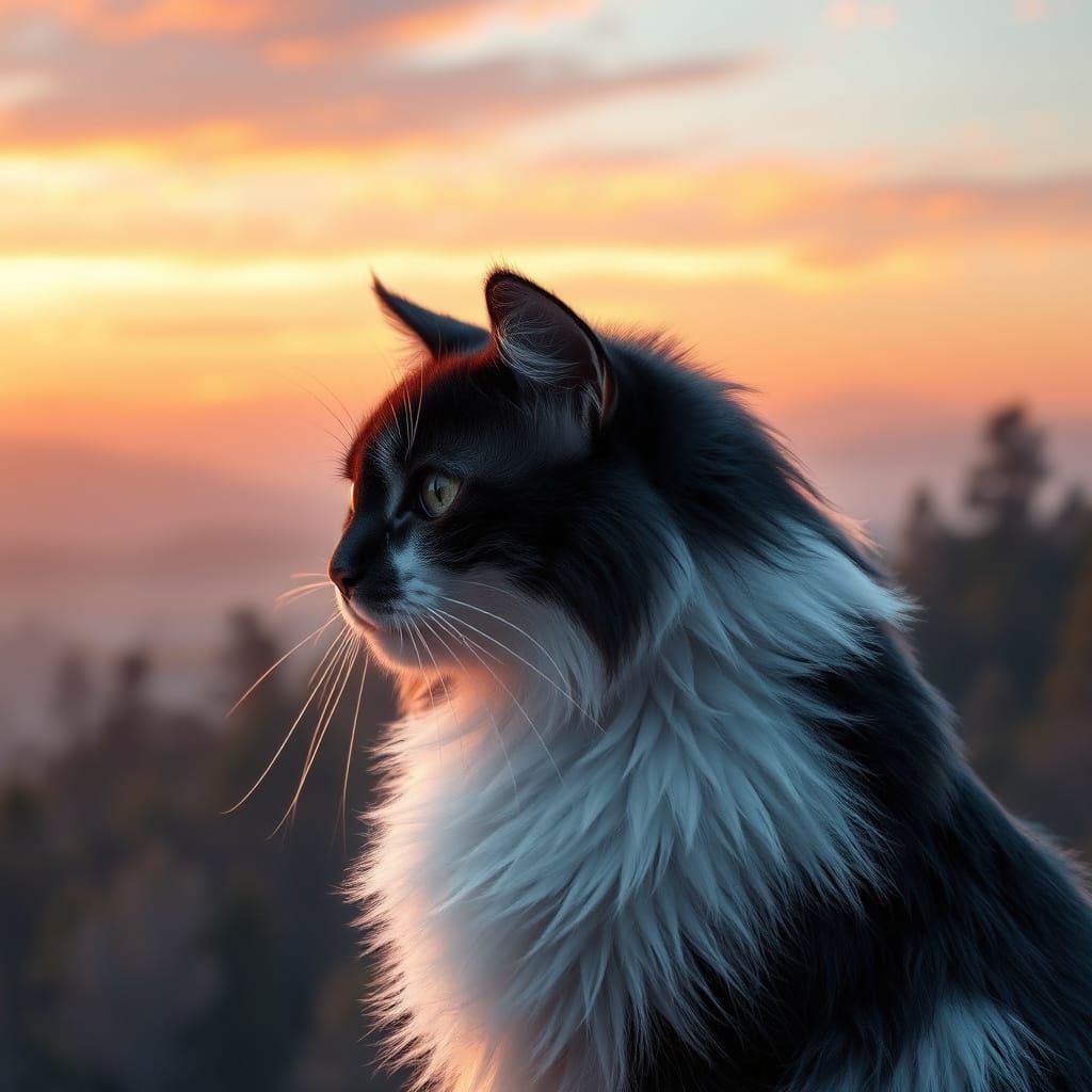 Fluffy Cat Silhouette Against Morning Landscape