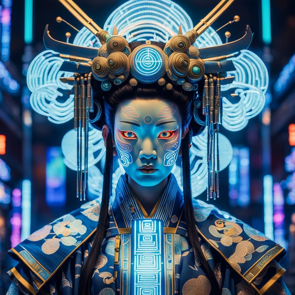 Cyberpunk Shinto Deity in Digital Ukiyo-e Style