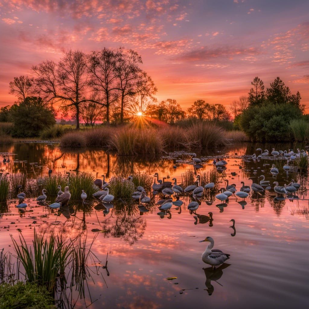 Colorful Pond with Waterfowl at Sunset