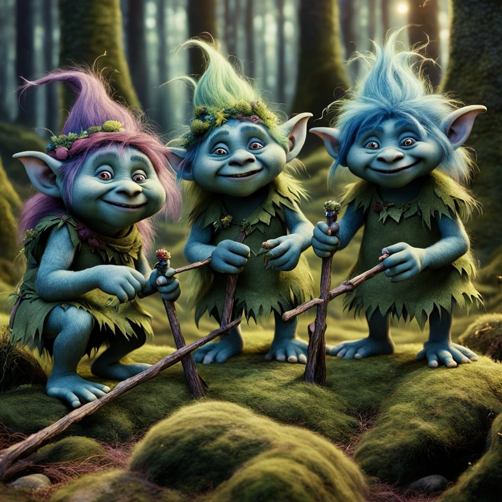 Whimsical Trolls Playing with Magic Wands