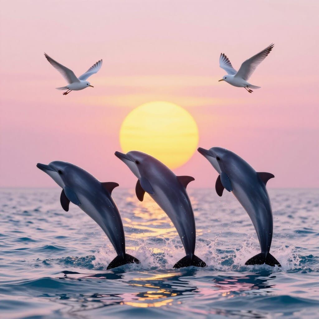 Dolphins Leap in Pink Sky with Intense Yellow Sun
