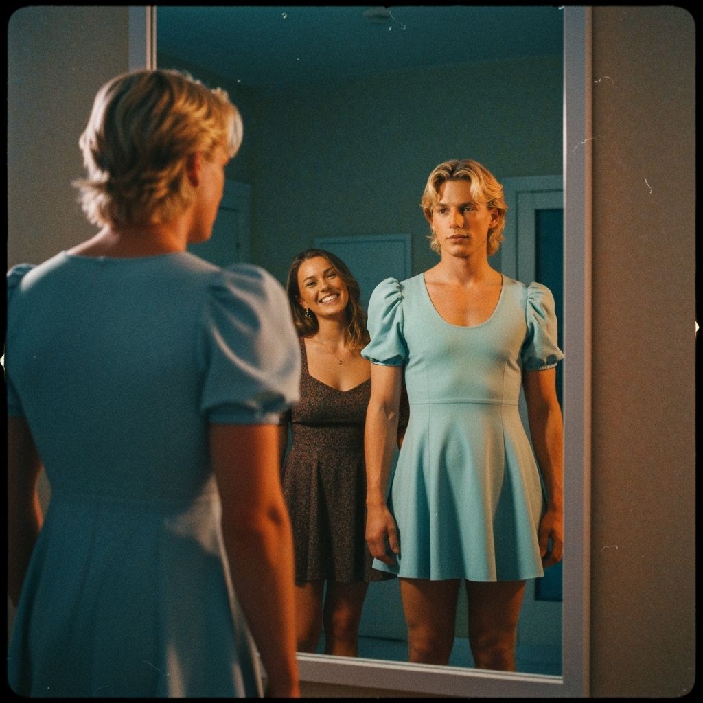Crossdressing Man Gazes in Mirror, Film Still